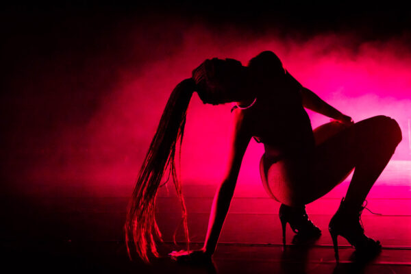 Een artiest met lange vlechten hurkt op een donker podium onder felroze verlichting, in hoge hakken en een bloot kostuum met uitwaaiend haar.

A performer with long braids crouches on a dark stage under vibrant pink lighting, wearing high heels and a revealing costume with flowing hair.