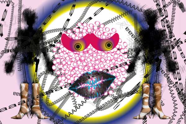 Two surreal figures with black textured heads and torsos on leopard-print boots flank a colorful mosaic face with red lips and yellow eyes, against a chaotic black text pattern on pink.
