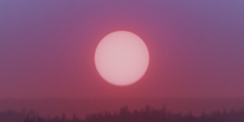 Paarse en roze lucht bij zonsondergang met een felverlichte zon boven donkere bomen.